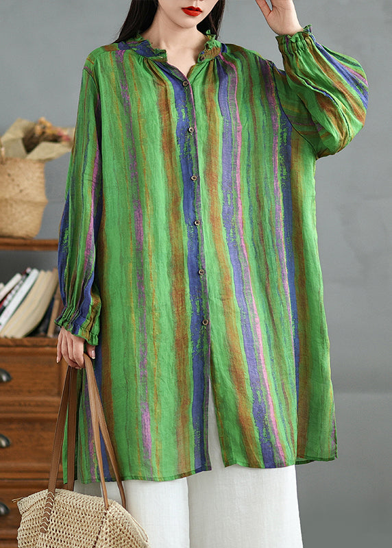 Plus Size Green Ruffled Stand Collar Striped Cotton Shirt Top Fall