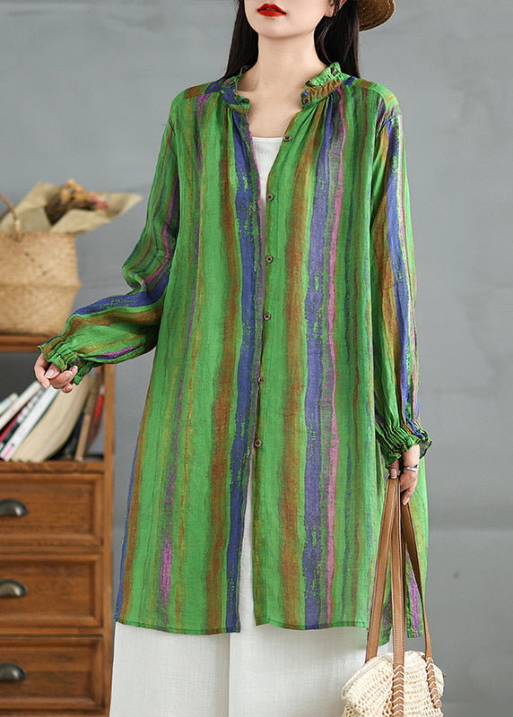 Plus Size Green Ruffled Stand Collar Striped Cotton Shirt Top Fall