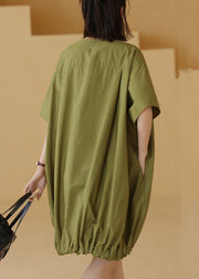 Plus Size Green Solid Button Cotton Shirts Mid Dress Short Sleeve