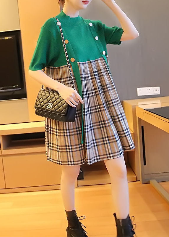 Plus Size Green Stand Collar Patchwork Plaid Knit Mid Dresses Summer