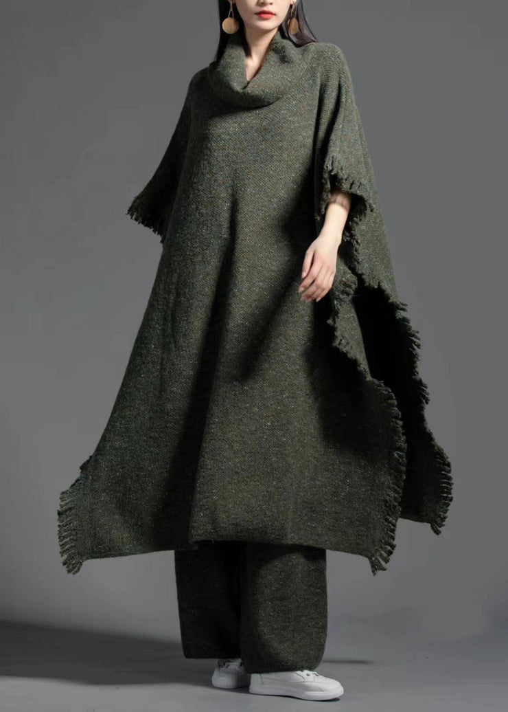 Plus Size Green Turtle Neck Side Open Wool Knit Dress Winter