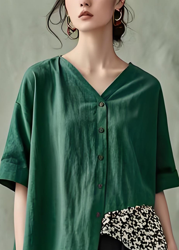 Plus Size Green V Neck Button Patchwork Cotton Top Summer