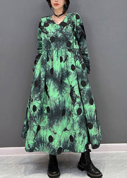 Plus Size Green V Neck Dot Holiday Maxi Shirts Dress Long Sleeve