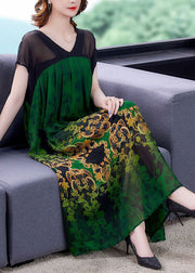 Plus Size Green V Neck Patchwork Print Chiffon Dresses Short Sleeve