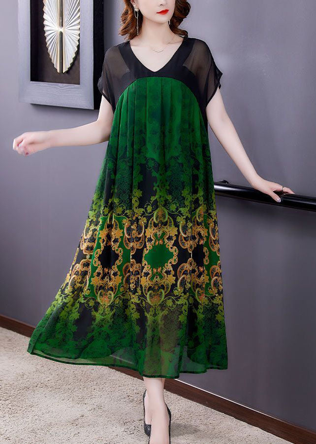 Plus Size Green V Neck Patchwork Print Chiffon Dresses Short Sleeve