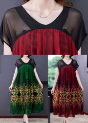 Plus Size Green V Neck Patchwork Print Chiffon Dresses Short Sleeve