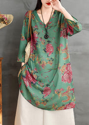Plus Size Green V Neck Print Cotton Mid Dress Summer