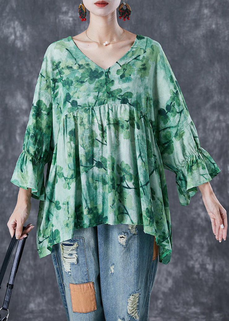 Plus Size Green V Neck Print Linen Shirts Batwing Sleeve