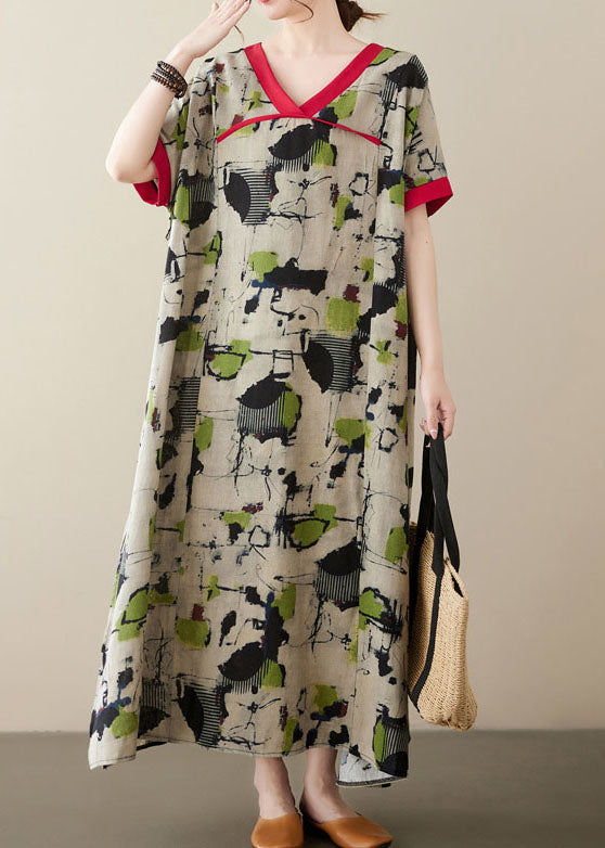 Plus Size Green V Neck Print Patchwork Linen Long Dresses Summer