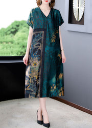 Plus Size Green V Neck Print Patchwork Silk Dress Summer