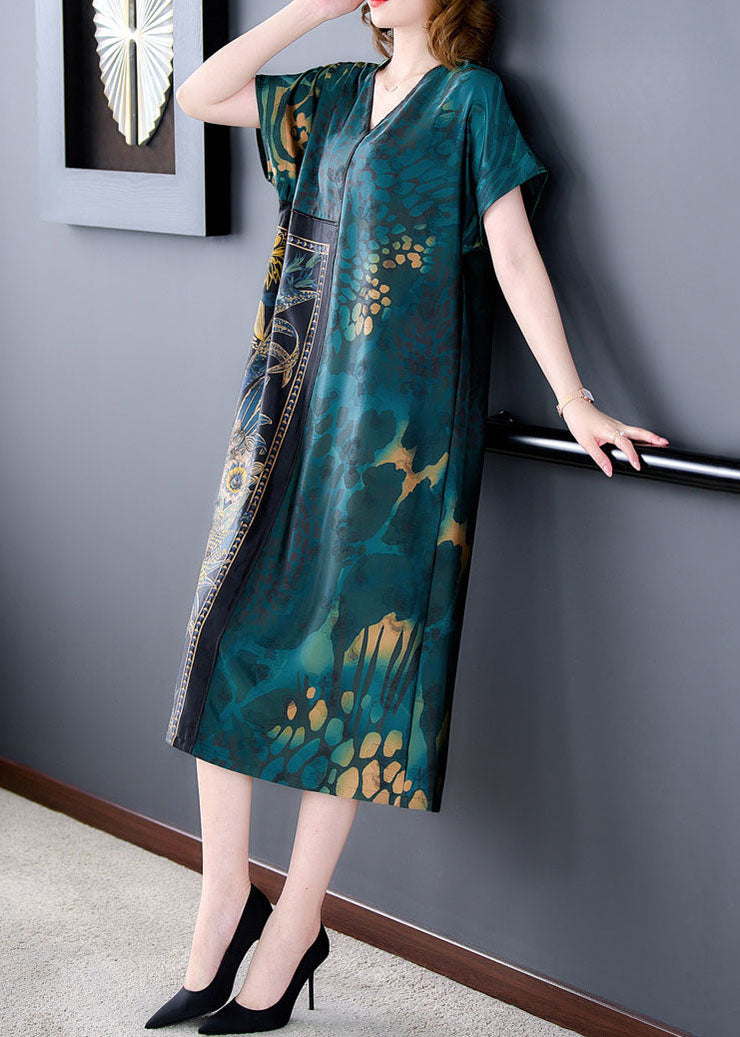 Plus Size Green V Neck Print Patchwork Silk Dress Summer