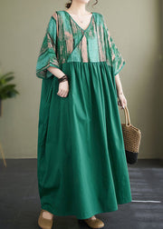 Plus Size Green V Neck Print Wrinkled Patchwork Cotton Long Dress Summer