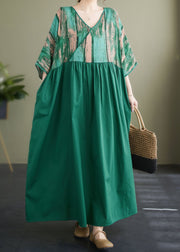 Plus Size Green V Neck Print Wrinkled Patchwork Cotton Long Dress Summer