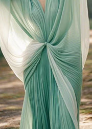 Plus Size Green V Neck Wrinkled Chiffon Dresses Batwing Sleeve