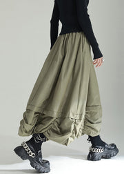 Plus Size Green Wrinkled Pockets Patchwork Cotton Skirts Fall