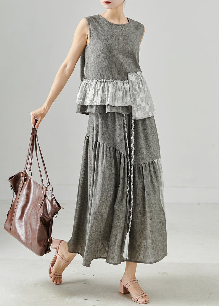 Plus Size Grey Asymmetrical Patchwork Linen Two Piece Set Women Clothing Sleeveless