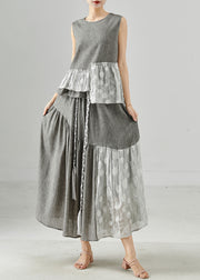 Plus Size Grey Asymmetrical Patchwork Linen Two Piece Set Women Clothing Sleeveless