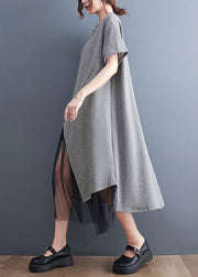 Plus Size Grey Asymmetrical Tulle Patchwork Solid Maxi Dress Summer