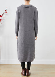 Plus Size Grey Button Down Pockets Knit Long Coats Fall