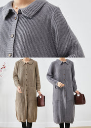 Plus Size Grey Button Down Pockets Knit Long Coats Fall