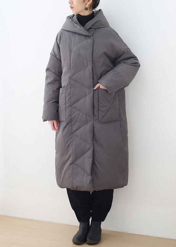 Plus Size Grey Button Pockets Hooded Down Coat Long Sleeve