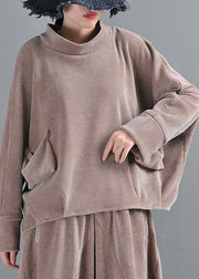 Plus Size Grey Camel Turtleneck Pockets Velour Top Long Sleeve