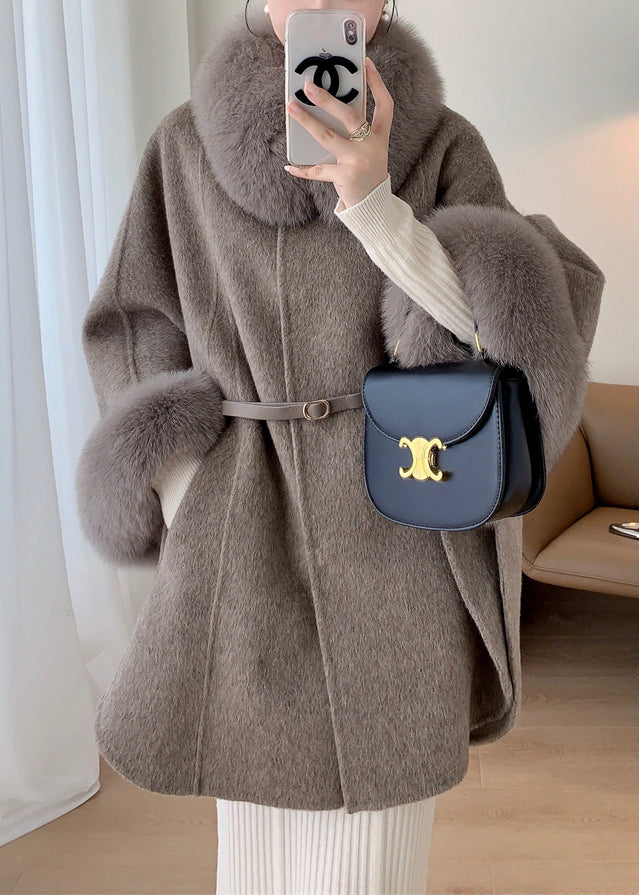 Plus Size Grey Fox Collar Pockets Leather And Fur Coats Winter