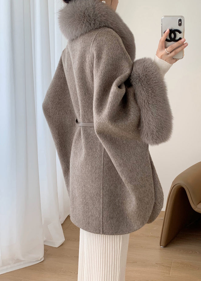 Plus Size Grey Fox Collar Pockets Leather And Fur Coats Winter