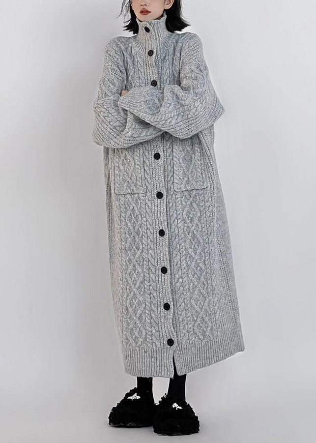 Plus Size Grey Hign Neck Button Long Knit Cardigan Winter