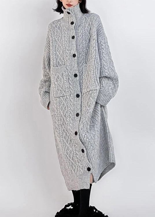 Plus Size Grey Hign Neck Button Long Knit Cardigan Winter