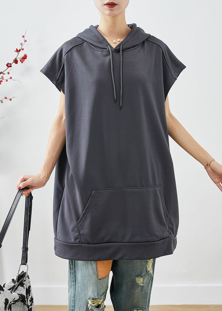 Plus Size Grey Hooded Pockets Cotton Sweatshirts Tops Summer