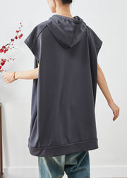 Plus Size Grey Hooded Pockets Cotton Sweatshirts Tops Summer