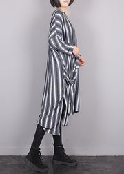 Plus Size Grey O-Neck Asymmetrical Striped Side Open Tie Waist Maxi Dress Fall