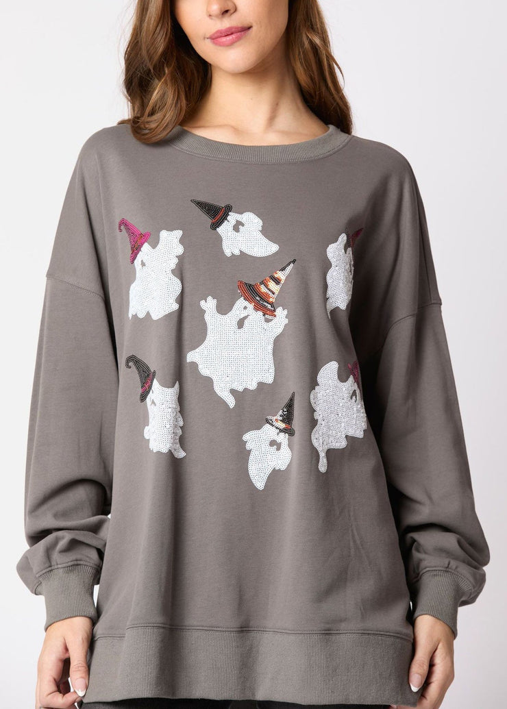 Plus Size Grey O Neck Print Cotton Sweatshirts Fall