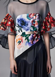 Plus Size Grey O-Neck Print Organza Patchwork Chiffon Dresses Butterfly Sleeve