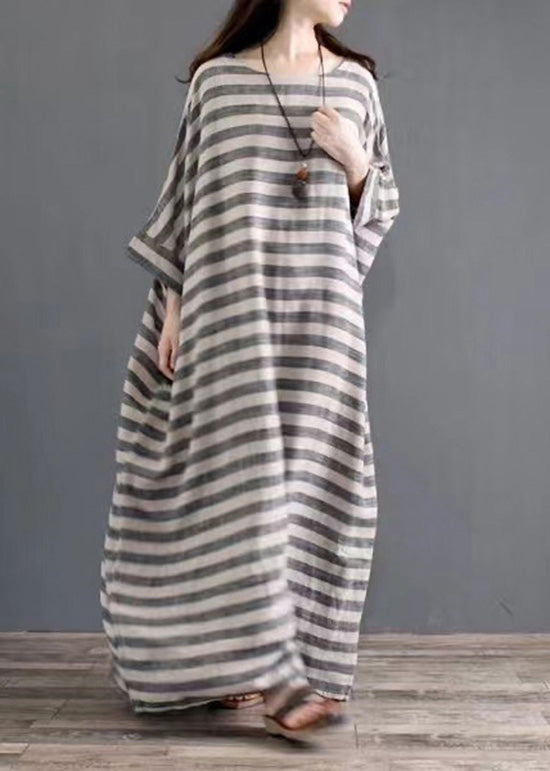 Plus Size Grey O Neck Striped Pockets Patchwork Cotton Long Dresses Spring