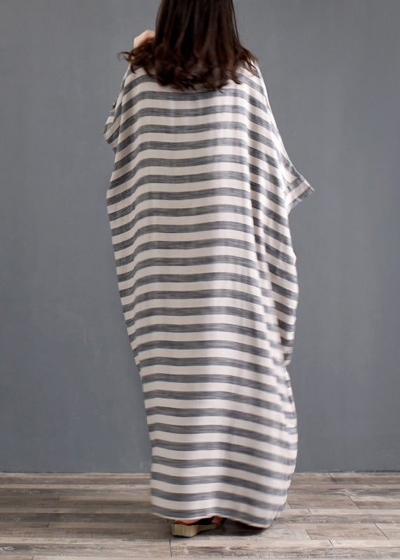 Plus Size Grey O Neck Striped Pockets Patchwork Cotton Long Dresses Spring