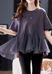 Plus Size Grey O-Neck Tulle Patchwork Zirco Knit T Shirt Short Sleeve