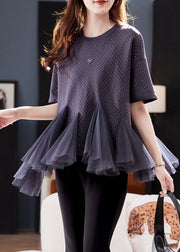 Plus Size Grey O-Neck Tulle Patchwork Zirco Knit T Shirt Short Sleeve