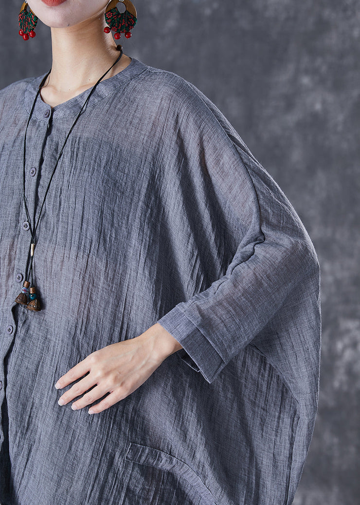 Plus Size Grey Oversized Linen Blouses Batwing Sleeve