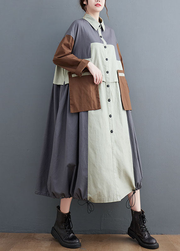 Plus Size Grey Oversized Patchwork Cotton Shirt Dress Spring