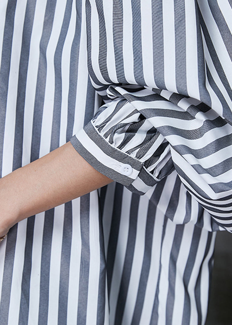 Plus Size Grey Oversized Striped Cotton Shirt Spring