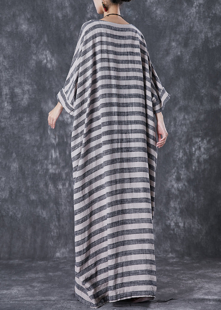 Plus Size Grey Oversized Striped Linen Ankle Dress Gown Batwing Sleeve