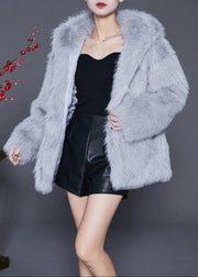 Plus Size Grey Oversized Warm Fuzzy Fur Fluffy Hooded Jacket Winter