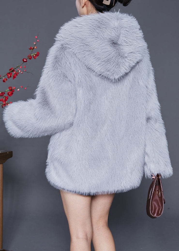 Plus Size Grey Oversized Warm Fuzzy Fur Fluffy Hooded Jacket Winter