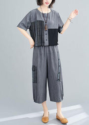 Plus Size Grey Patchwork Print Two Piece Set Women Clothing Summer Linen