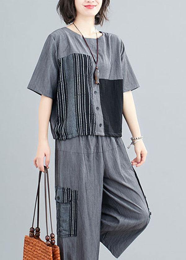 Plus Size Grey Patchwork Print Two Piece Set Women Clothing Summer Linen