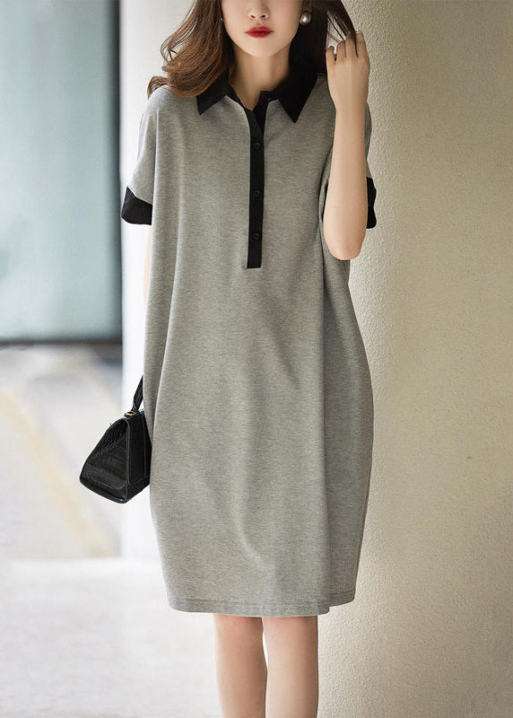 Plus Size Grey Peter Pan Collar Button Patchwork Cotton Dress Summer