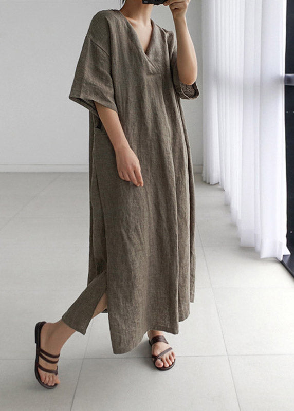 Plus Size Green Peter Pan Collar Pockets Linen Long Dresses Short Sleeve