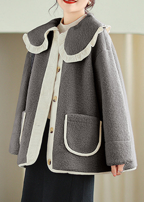 Plus Size Grey Peter Pan Collar Pockets Teddy Faux Fur Coat Winter